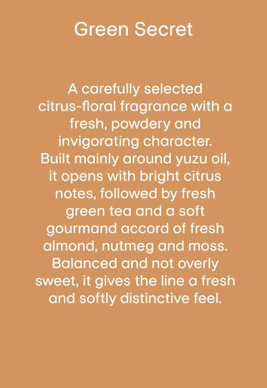 Text description of a fragrance on a brown background with 'Green Secret' branding.