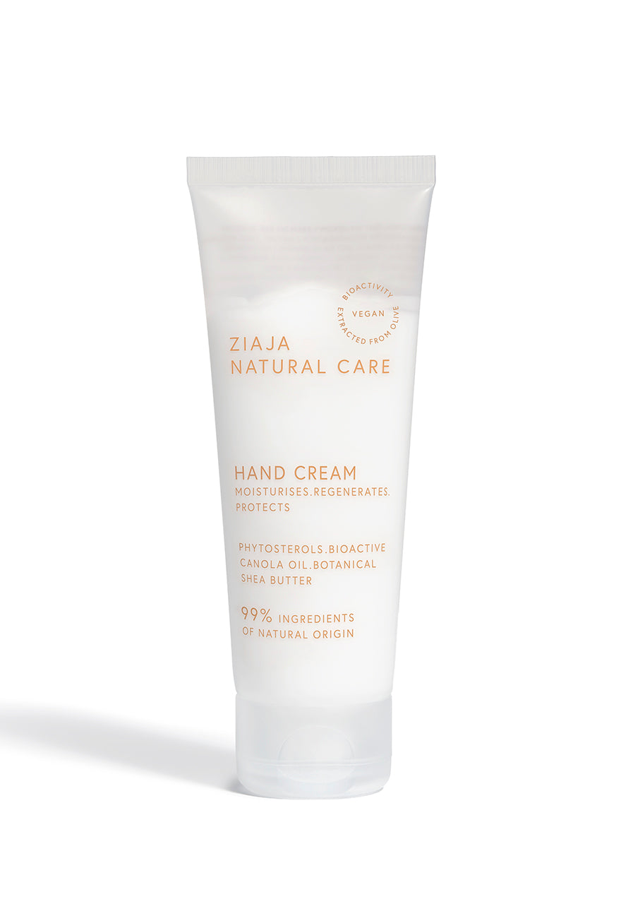 Ziaja Natural Care vegan hand cream in white tube, moisturising formula with 99% ingredients of natural origin