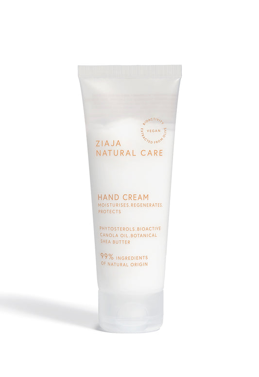 Ziaja Natural Care vegan hand cream in white tube, moisturising formula with 99% ingredients of natural origin