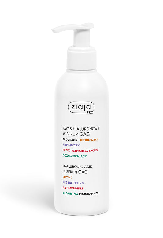 Ziaja Pro hyaluronic acid in serum GAG – lifting, regenerating, anti-wrinkle and cleansing programmes on a white background