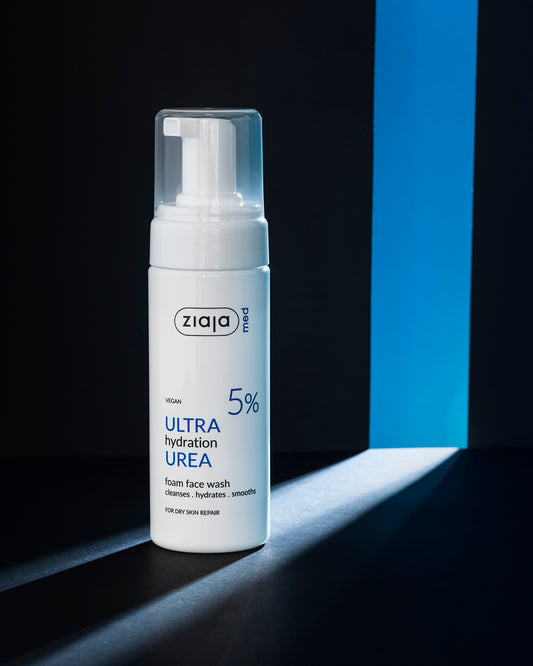 Ziaja Med Urea Ultra Hydration Foam Face Wash 5% in White Foaming Pump Bottle on Dark Background