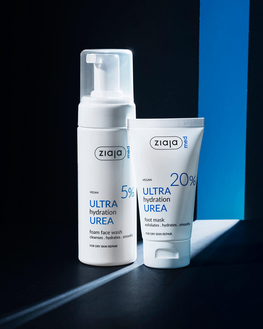 Ziaja Med Urea Ultra Hydration Foam Face Wash 5% and Foot Mask 20% on Dark Background