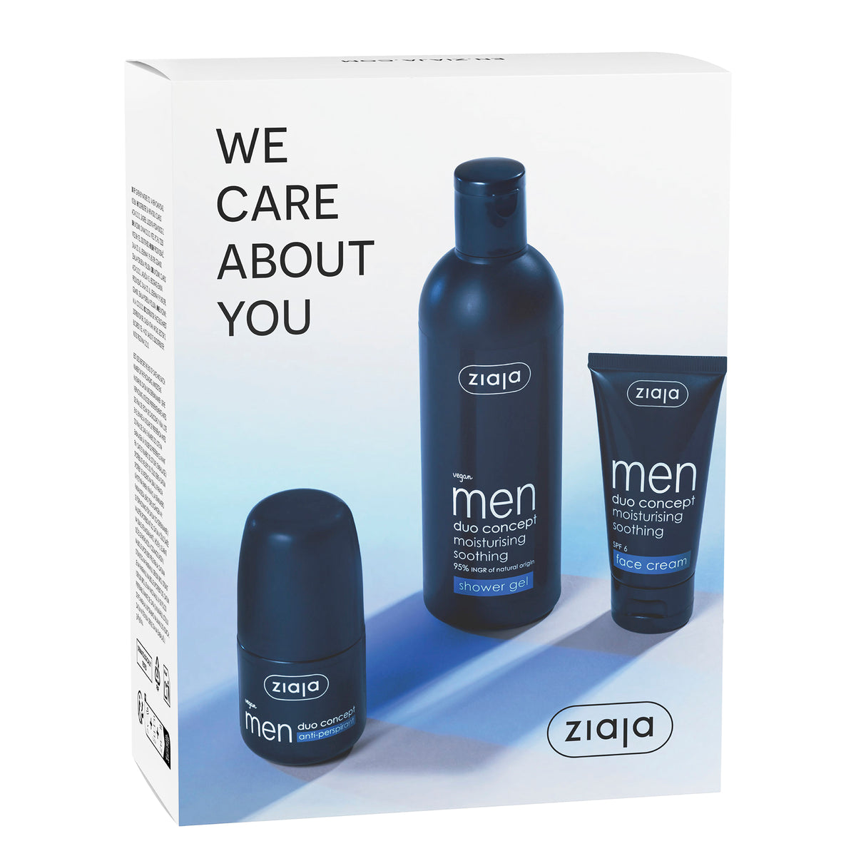 Ziaja Men Shower Gel and Face Cream gift set in a white box with blue gradient accents, featuring a tall shower gel bottle, a smaller gel bottle, and a face cream tube.