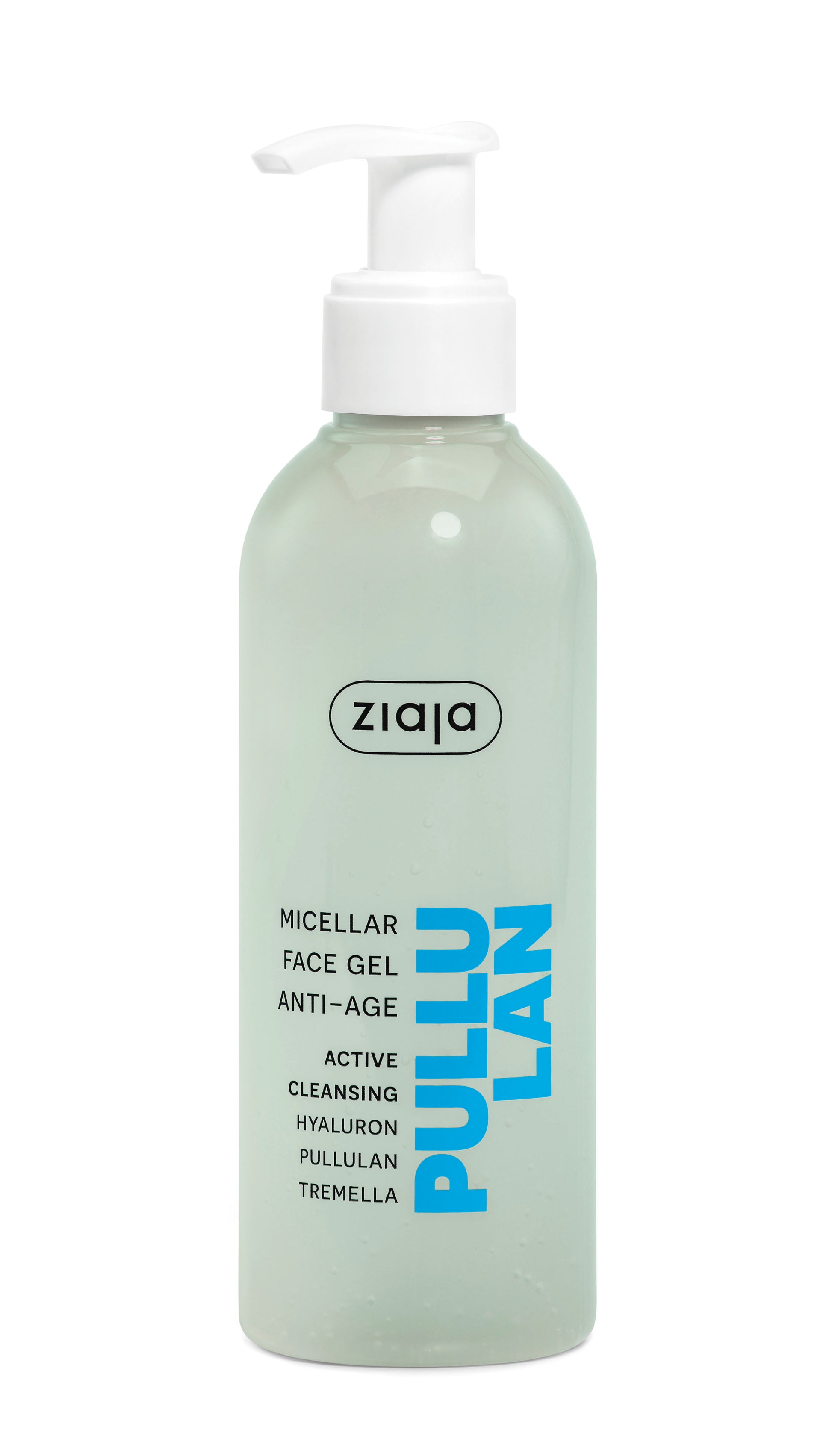 Green bottle of Ziaja Micellar Face Gel on a white background