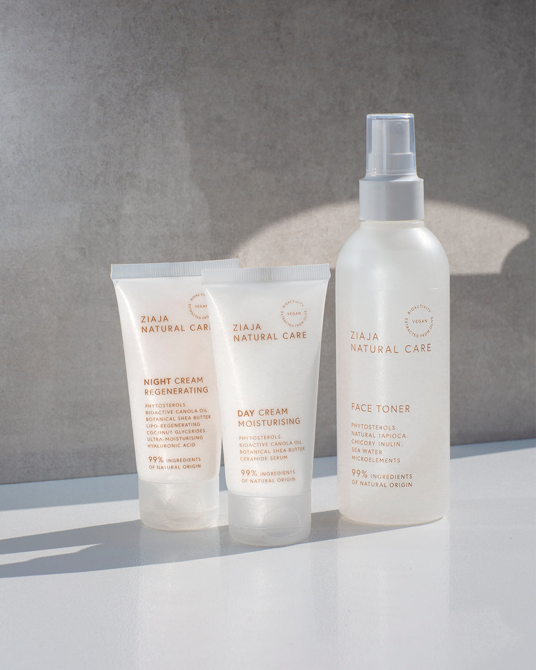 Ziaja Natural Care vegan skincare set with moisturising day cream, regenerating night cream and face toner in minimalist white packaging