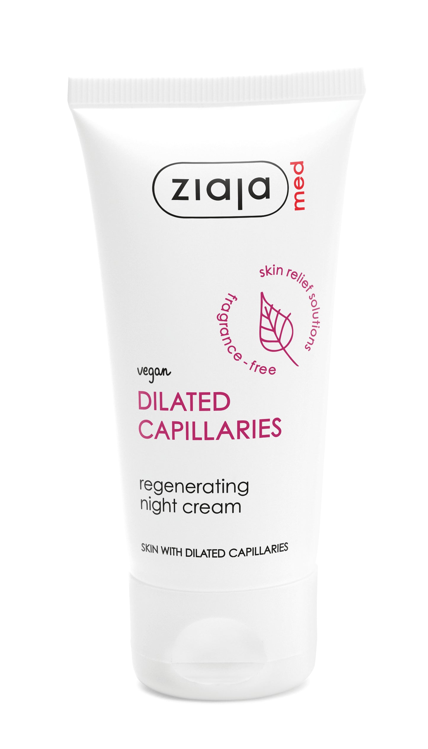 Ziaja Med Dilated Capillaries Regenerating Night Cream in a white squeeze tube with pink and black text, on a white background.