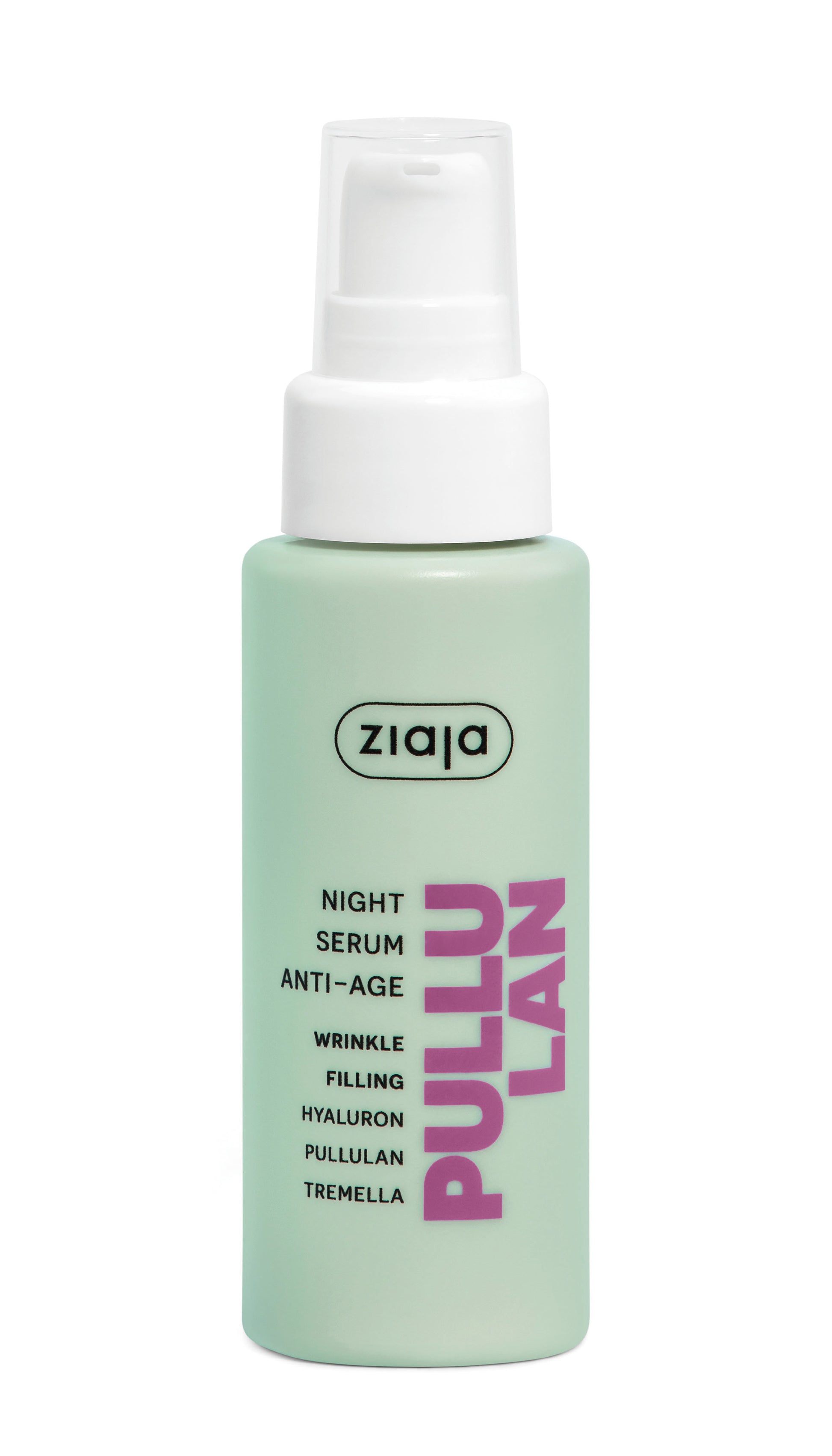 Green bottle of Ziaja Pullulan Night Serum on a white background