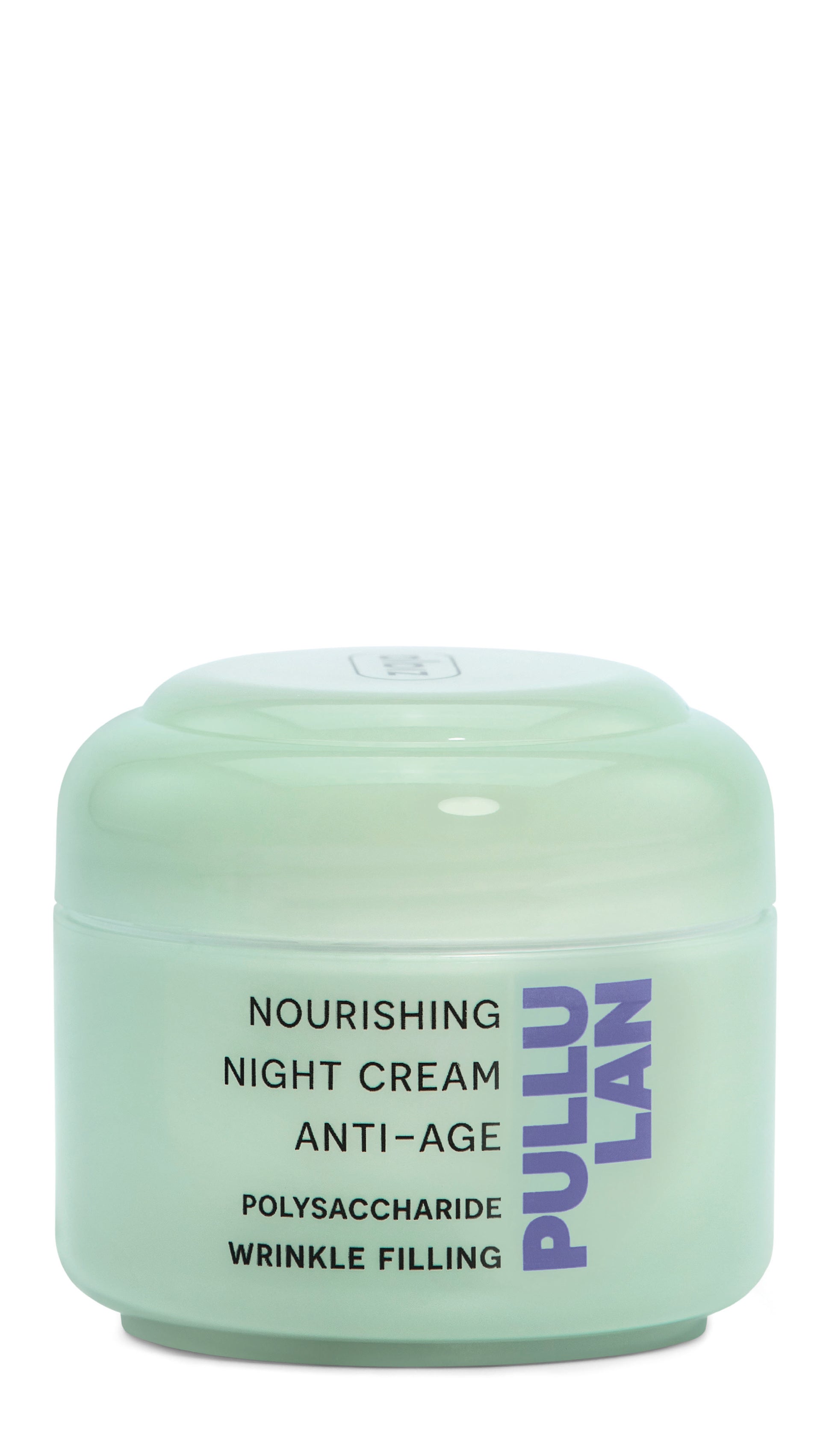 Green jar of Pullulan nourishing night cream on a white background