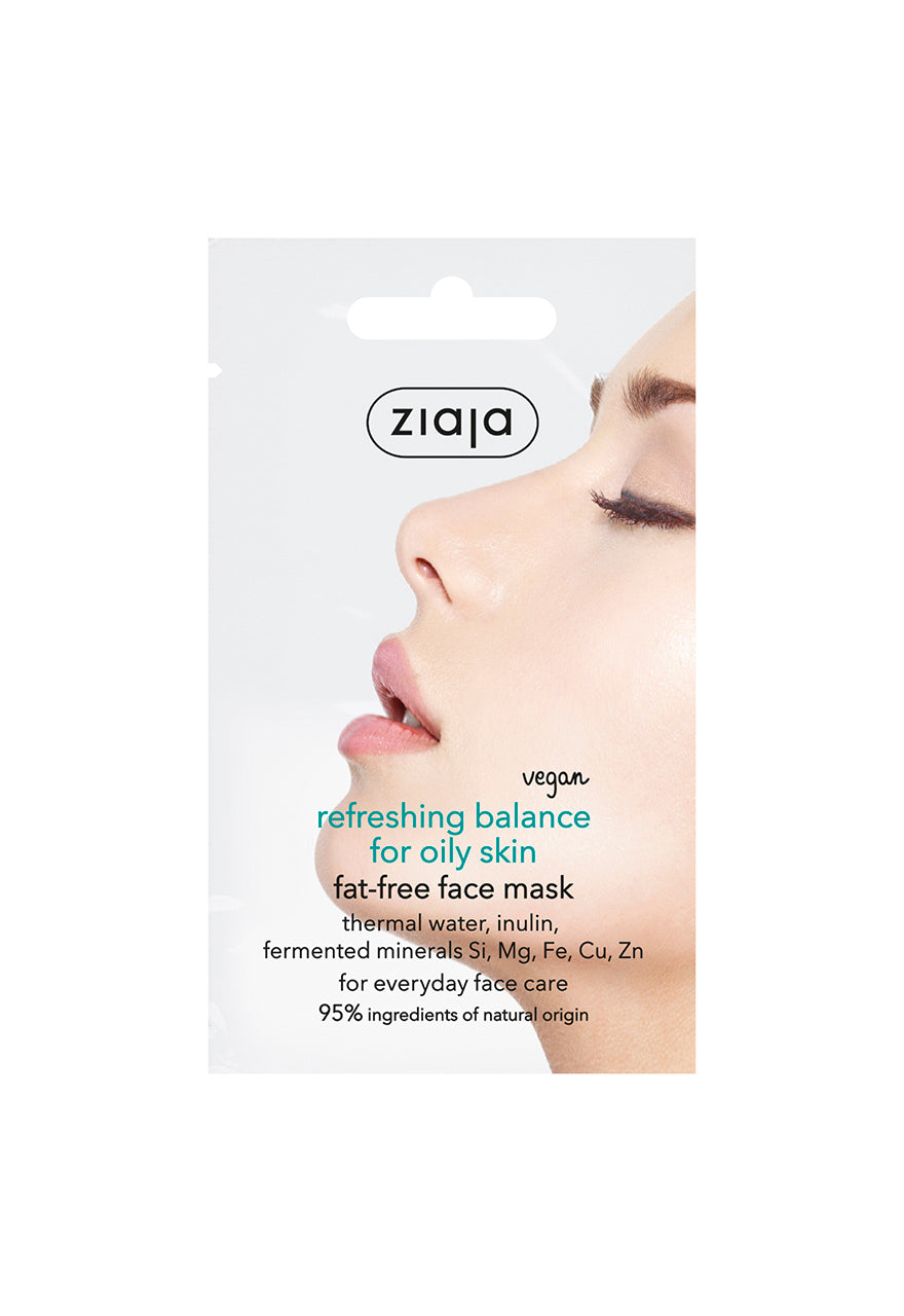 Ziaja refreshing  Balance for Oily Skin Fat-Free Face Mask sachet – product packaging with woman’s face profile on a white background.
