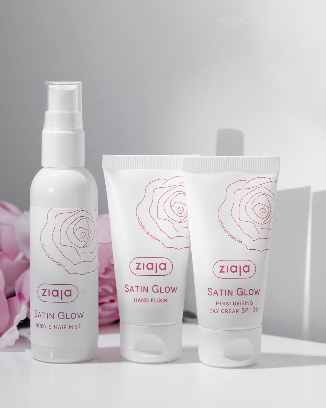 Ziaja Satin Glow skincare products on a light background