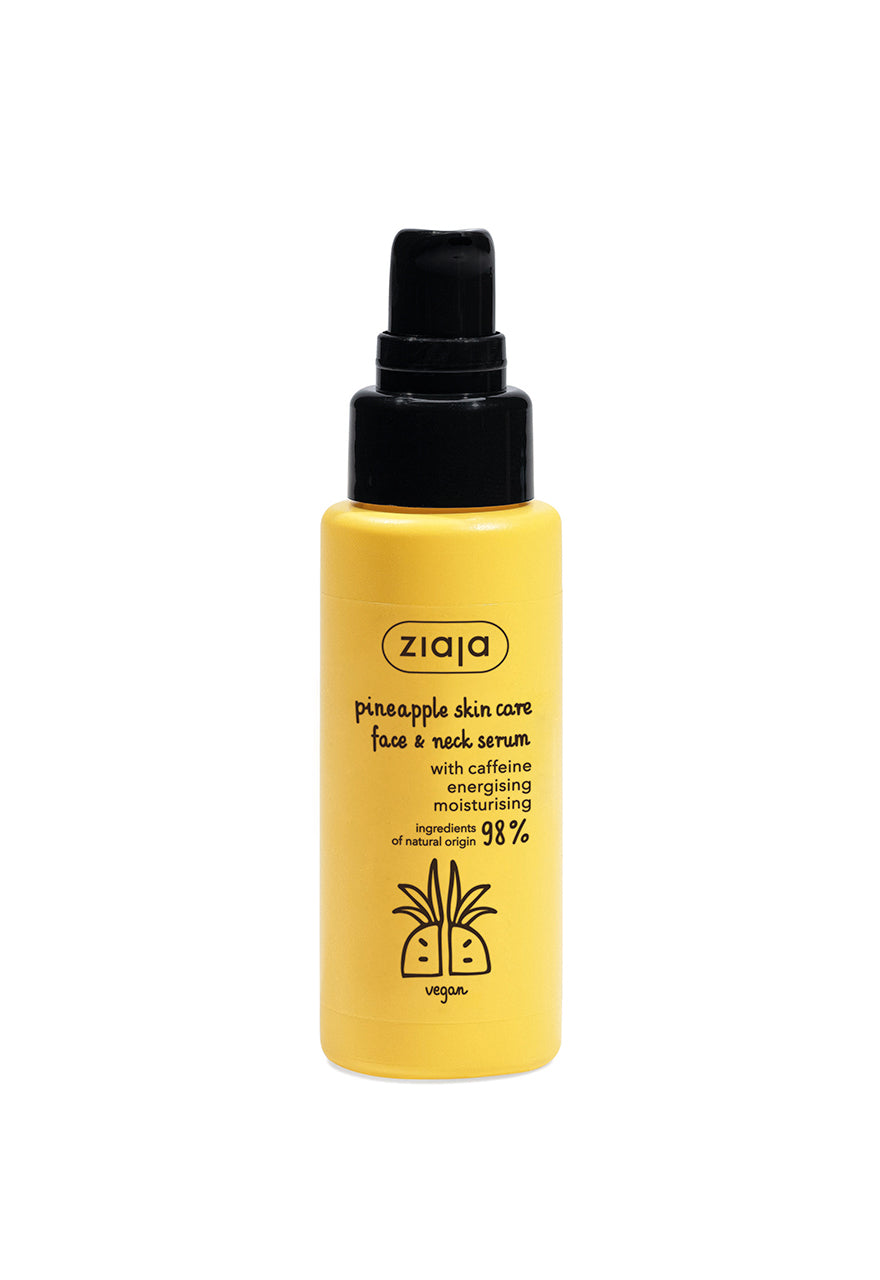 A yellow bottle with a black pump dispenser labeled Ziaja Pineapple skin care serum with a hint of pineapple, 50ml.