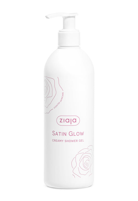 Ziaja Satin Glow creamy shower gel bottle on a white background