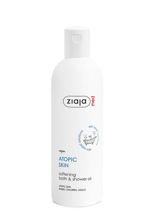 Ziaja Atopic Skin softening bath & shower oil bottle on a white background