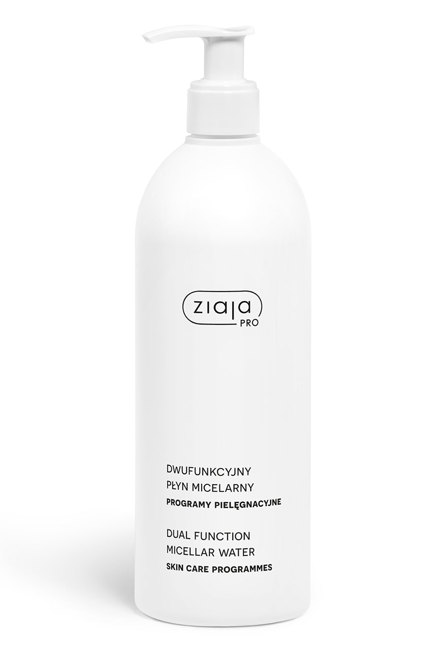 White bottle of Ziaja Pro dual function micellar water on a white background