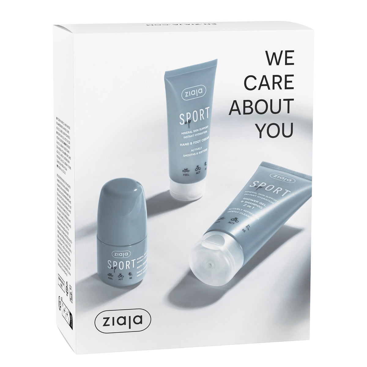 Ziaja Sport Up gift set with 2-in-1 shower gel and shampoo, hand and foot cream, and roll-on antiperspirant in a white gift box.