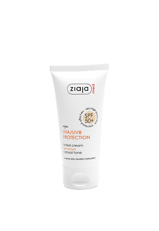 Ziaja Med Tinted Face Cream SPF50+ Natural Tone – UVA/UVB Protection, Vegan Sunscreen for Normal Skin with Dilated Capillaries, 50ml on a white background