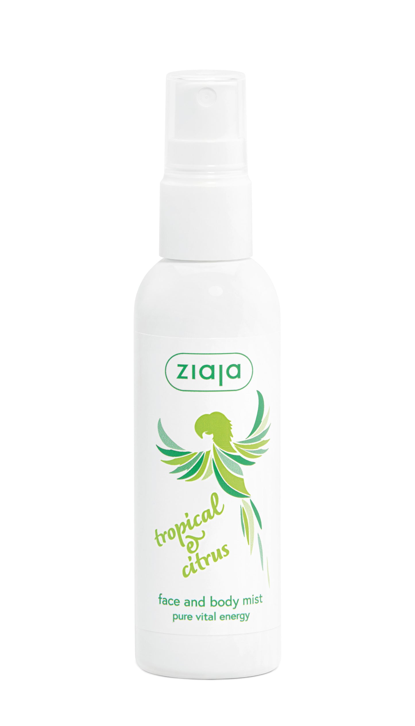 Ziaja tropical citrus face and body mist bottle on a white background
