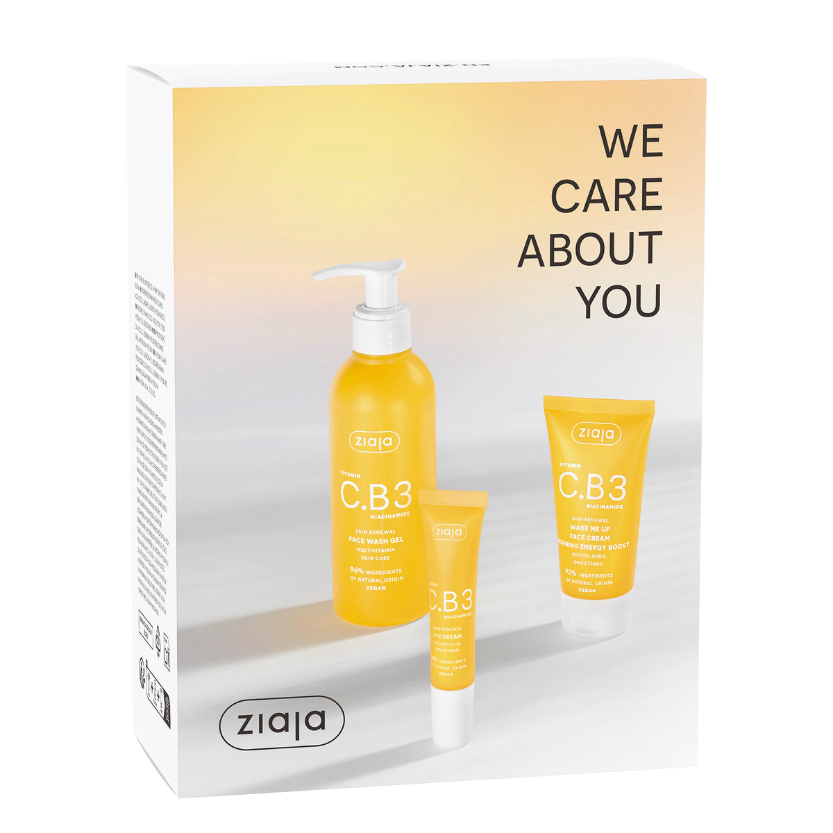 Ziaja Vitamin C.B3 Niacinamide skincare gift set with face wash gel, eye cream and Wake Me Up face cream in a white and yellow gift box.
