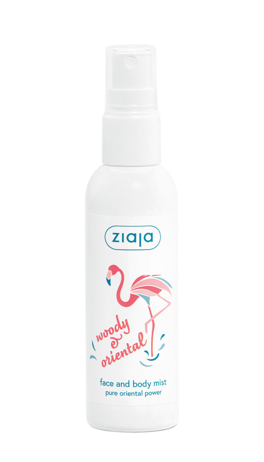 Ziaja face and body mist bottle with flamingo design on a white background