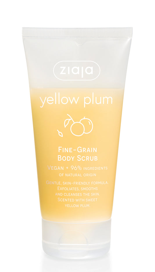 Ziaja Yellow Plum fine-grain body scrub on a white background
