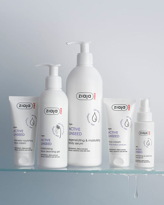 Ziaja skincare products on a gray background