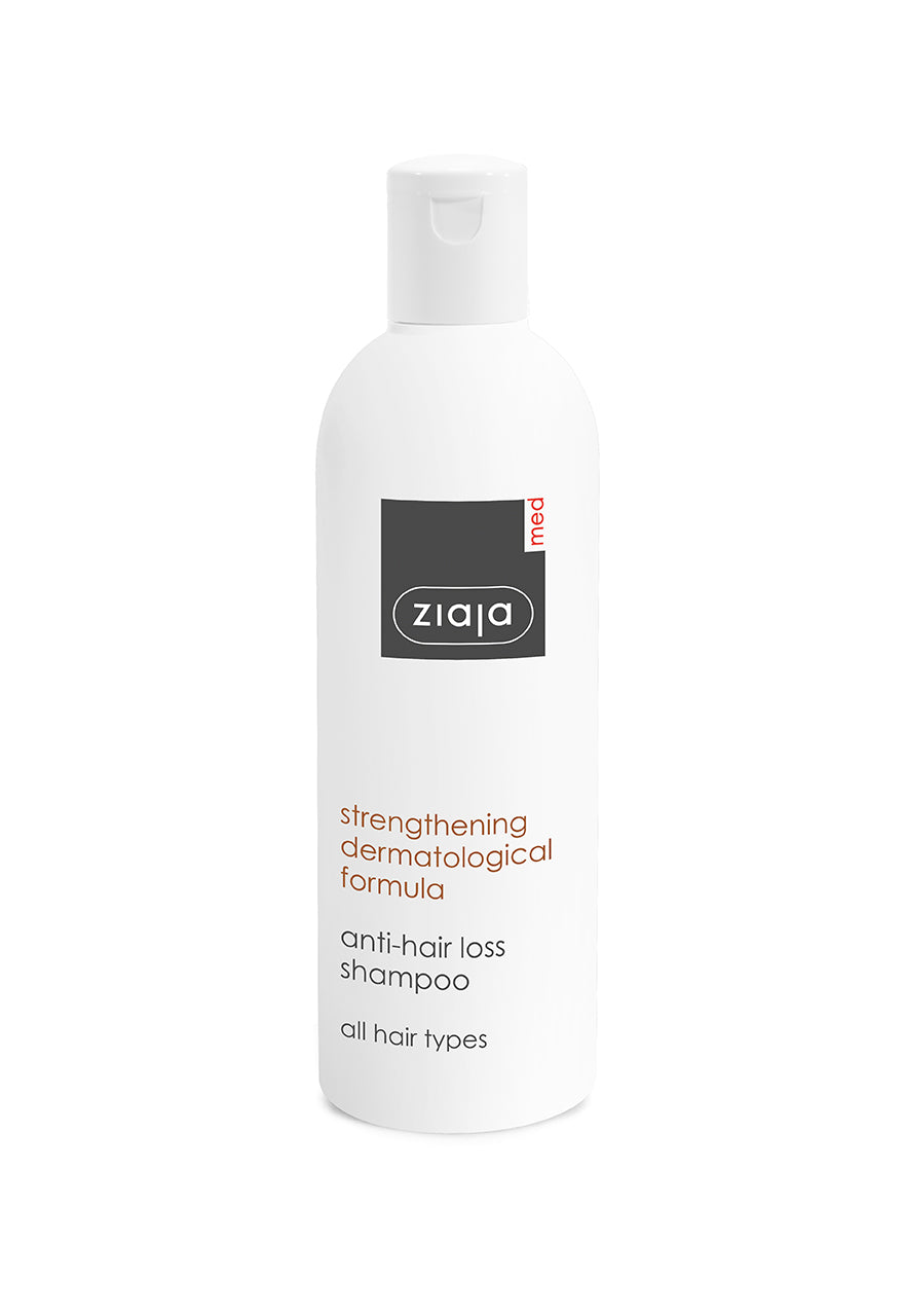 A bottle of Ziaja Med Anti-Hair Loss Strengthening Shampoo, 300ml.