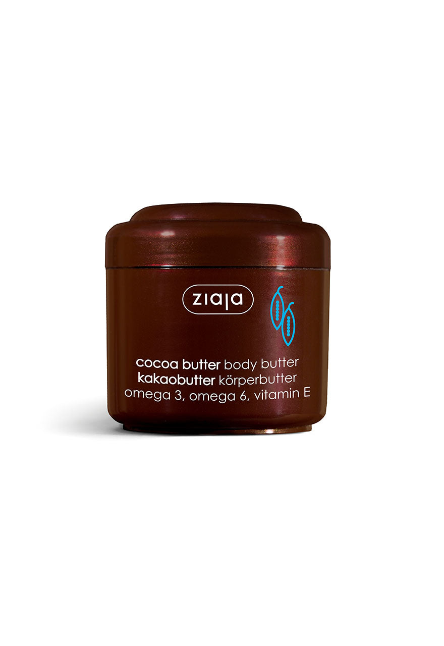 A jar of Ziaja Cocoa Body Butter 200ml with blue and white label, on a white background.