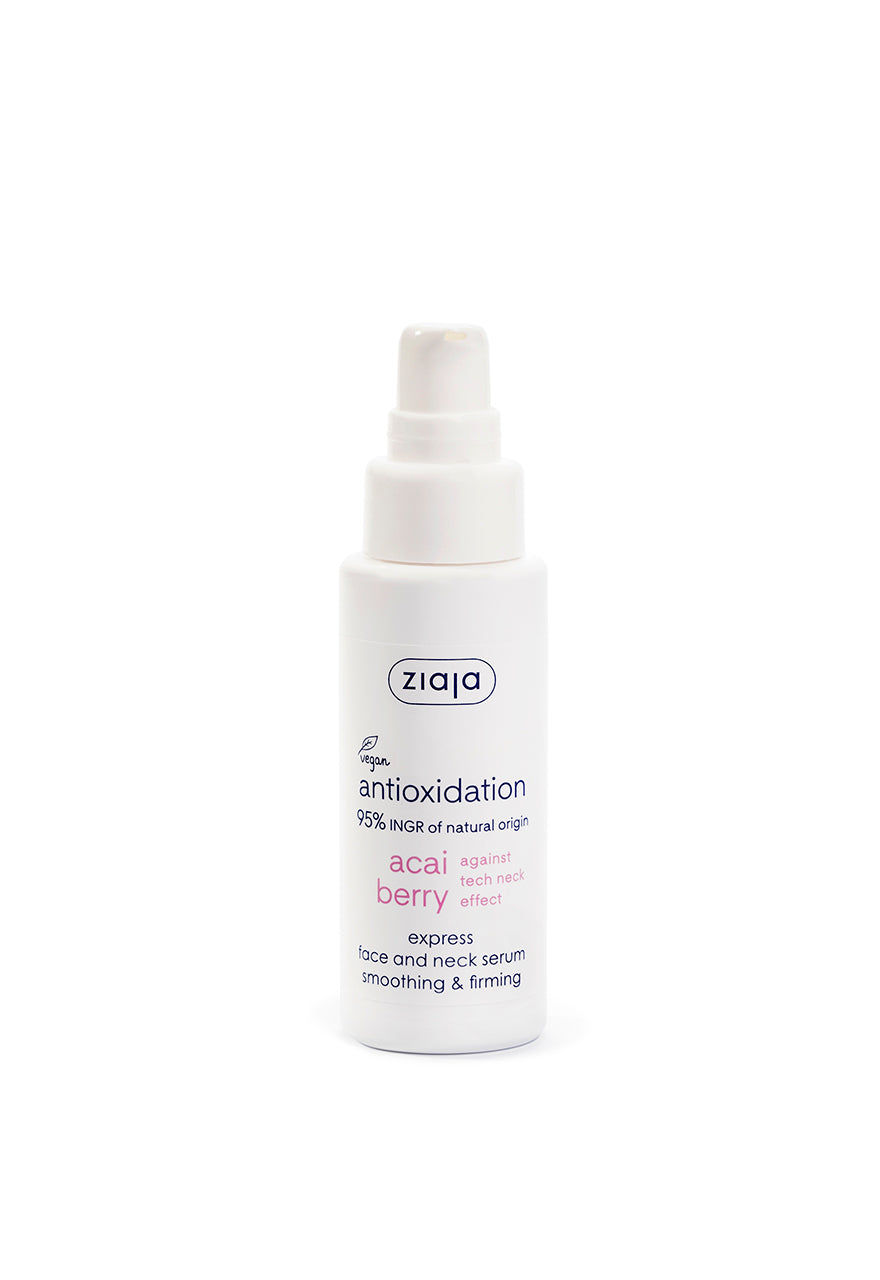 A white spray bottle with a pump dispenser labeled Ziaja Acai Berry Express Face and Neck Serum Smoothing & Firming 50ml.