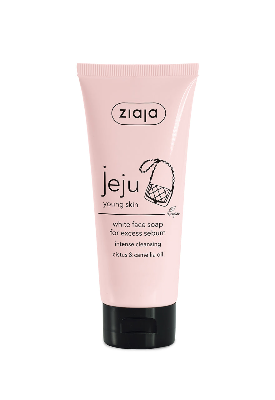 A tube of Ziaja Jeju White Face Soap with pink packaging, labeled for excess sebum, 75 ml.