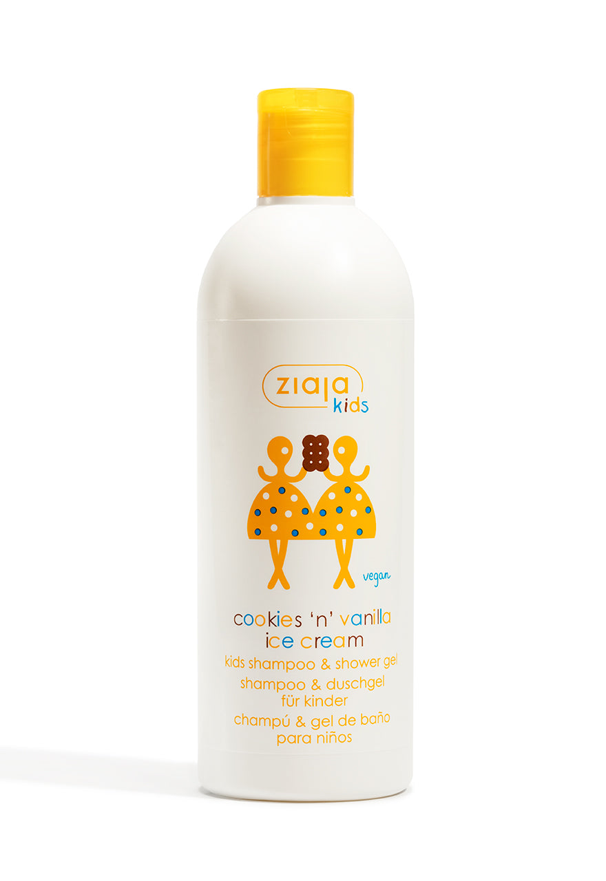 Bottle of Ziaja Kids Shampoo & Shower Gel with Cookies And Vanilla Ice Cream label, predominantly white with yellow cap and orange details.