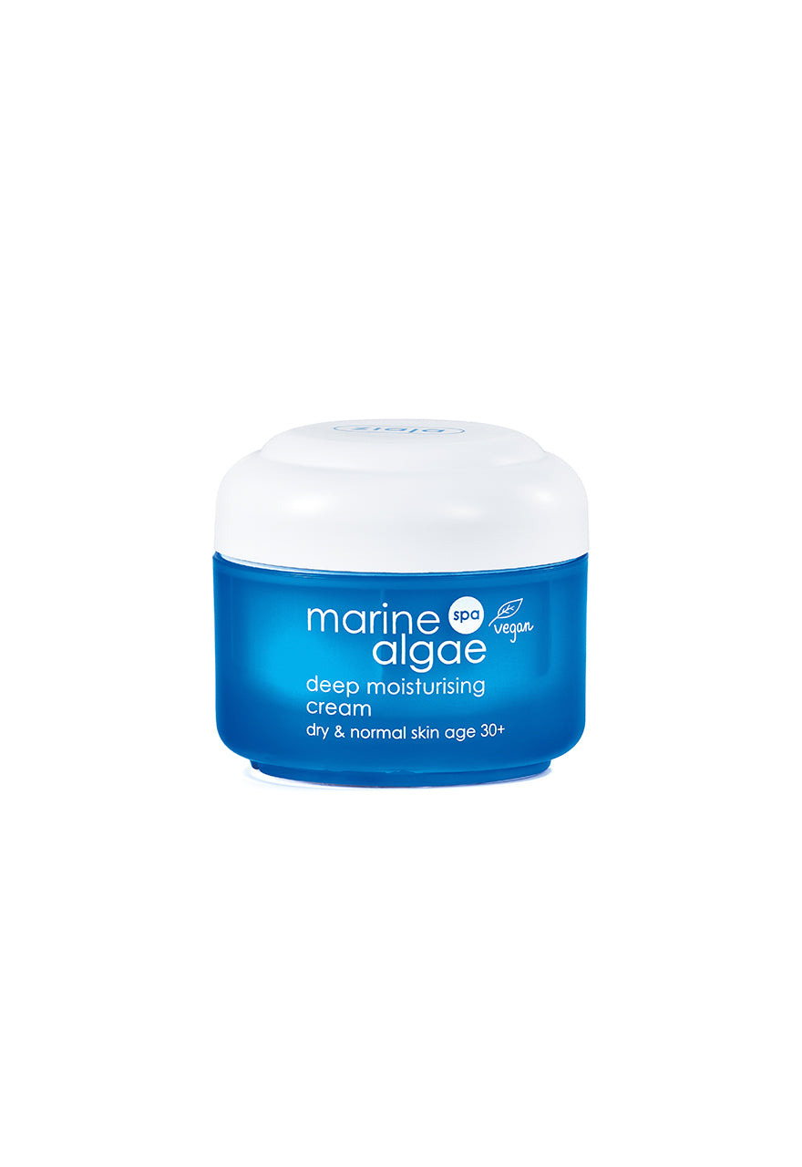 A jar of Ziaja Marine Algae Deep Moisturizing Cream with a blue label, indicating it is a skin care product with marine algae extract.