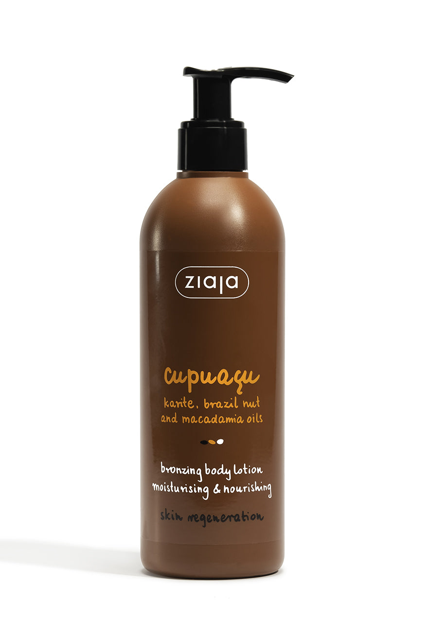 A pump bottle of Ziaja Cupuacu Bronzing Body Lotion with key ingredients listed on the label.