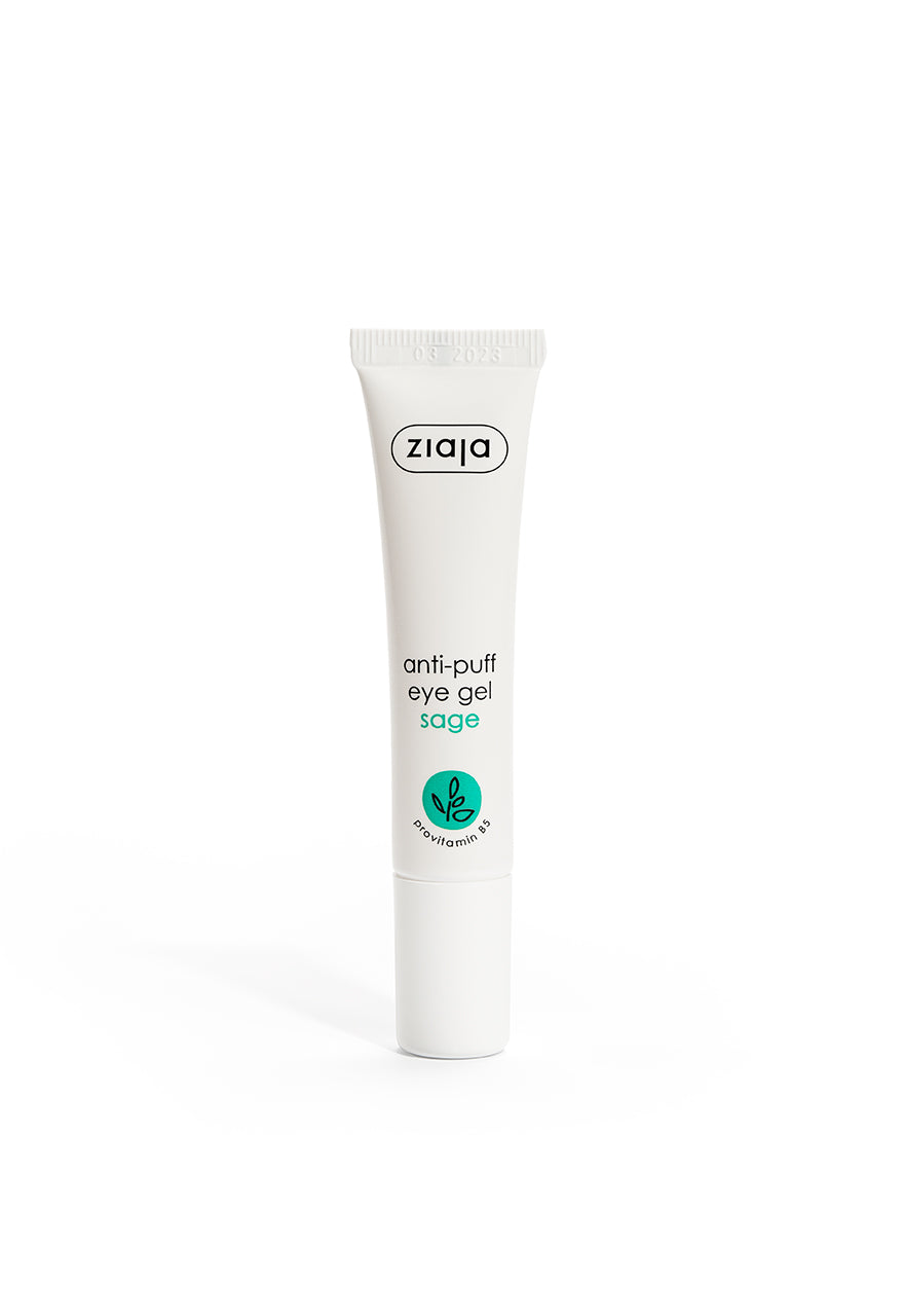 A tube of Ziaja Anti-Puff Eye Gel Sage labeled for reducing puffiness around the eyes.
