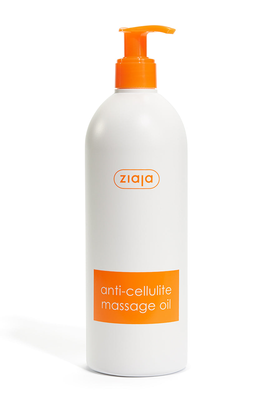 A bottle of Ziaja Anti-Cellulite Massage Oil with a pump dispenser, primarily white in color with orange accents, labeled for body care.