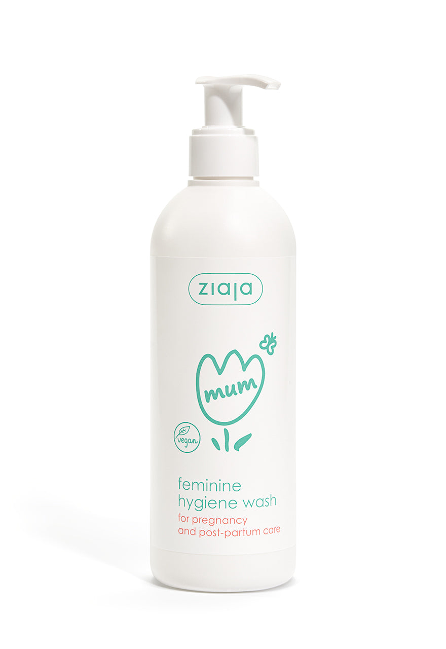 A pump bottle of Ziaja Mum Feminine Hygiene Wash with graphic elements and text indicating its purpose for mothers.
