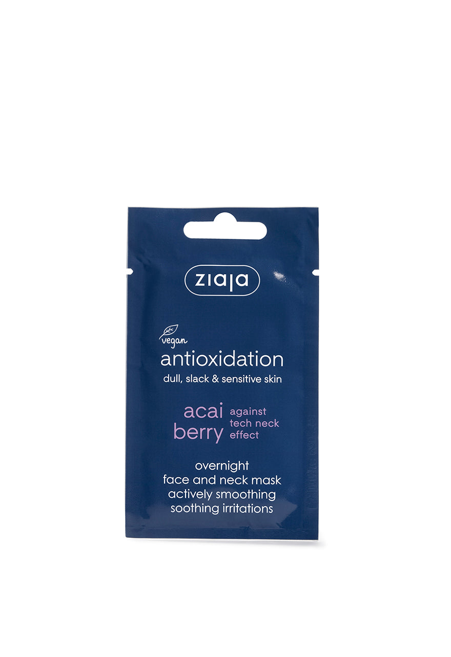 A sachet of Ziaja Acai Berry Overnight Face and Neck Smoothing Mask, with blue packaging and white text.