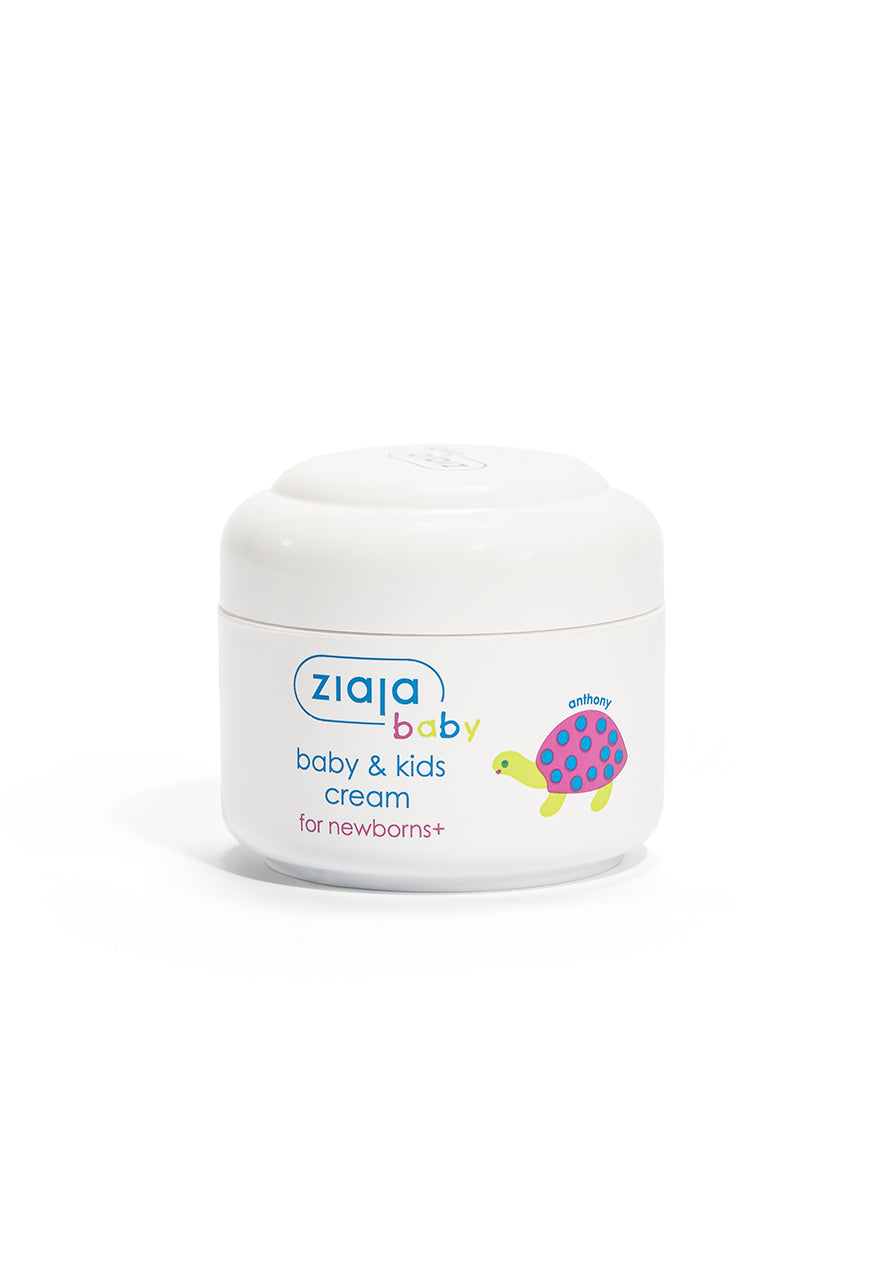 A white jar of Ziaja Baby & Kids Cream with a colorful graphic of a turtle on the label.