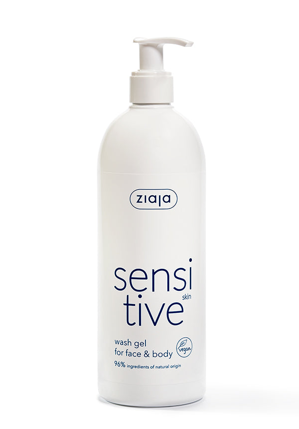 A pump bottle of Ziaja Sensitive Creamy Wash Gel for face and body.
