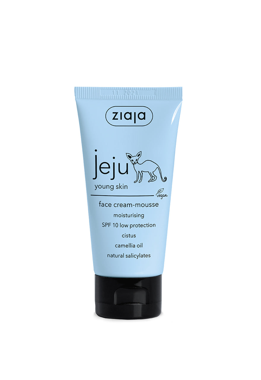A tube of Ziaja Jeju Face Cream-Mousse with SPF 10, designed for moisturizing and protecting the skin.