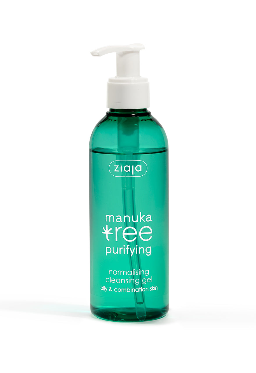 A green bottle of Ziaja Manuka Tree Purifying Normulating Cleansing Gel with a pump dispenser.