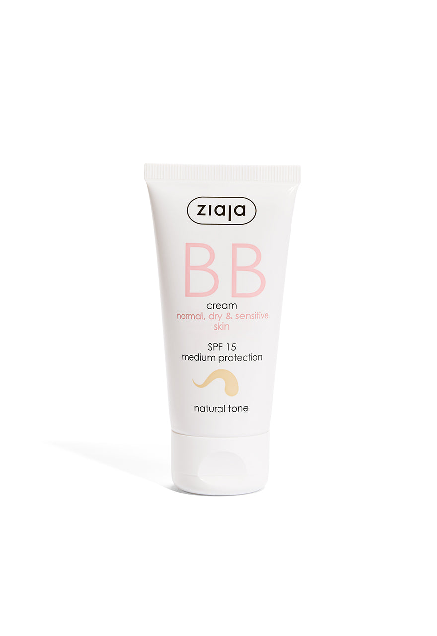A tube of Ziaja BB cream with SPF 15, designed for normal, dry, and sensitive skin, in a natural tone.