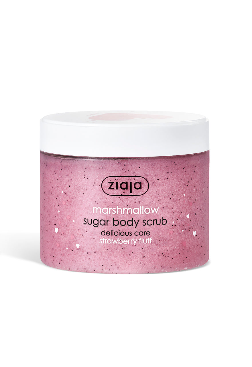 Ziaja Marshmallow Sugar Body Scrub (Strawberry Fluff) – pink scrub in a clear jar with a white lid, shown on a plain white background.