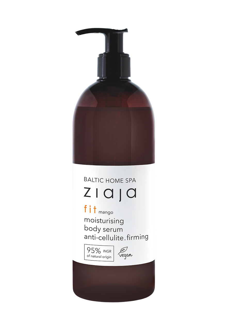 A pump bottle of Ziaja Baltic Home SPA Fit Moisturising Body Serum with white and red label, indicating it is a firming body serum with mango aroma.