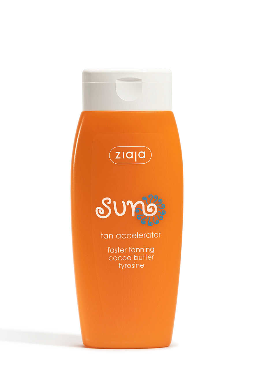 A bottle of Ziaja Sun Tan Accelerator with orange packaging.