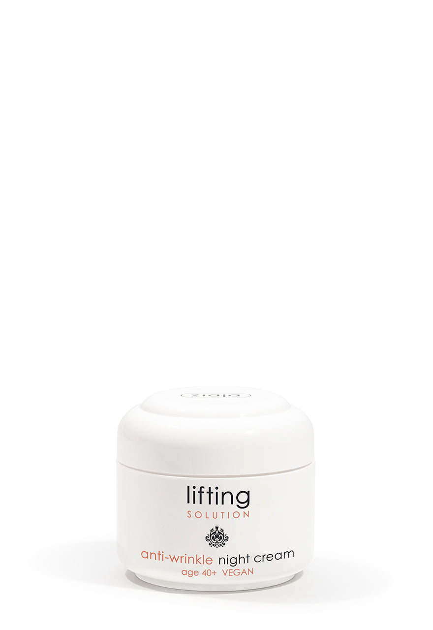 A white jar of Ziaja Lifting Solution Night Cream with a clear lid and label on the front.