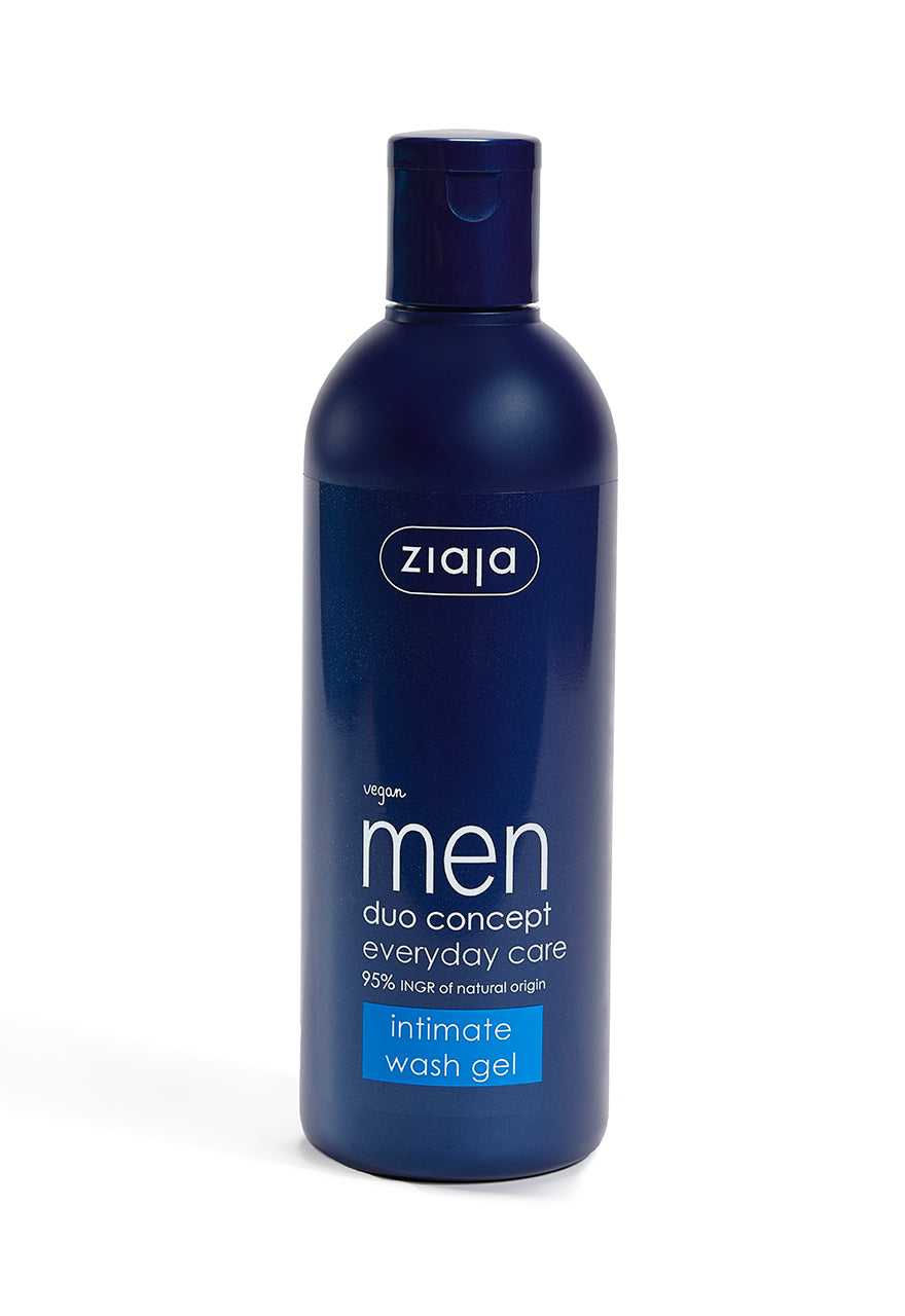 A dark blue bottle with white and light blue label text, indicating it is Ziaja Men Intimate Wash Gel.