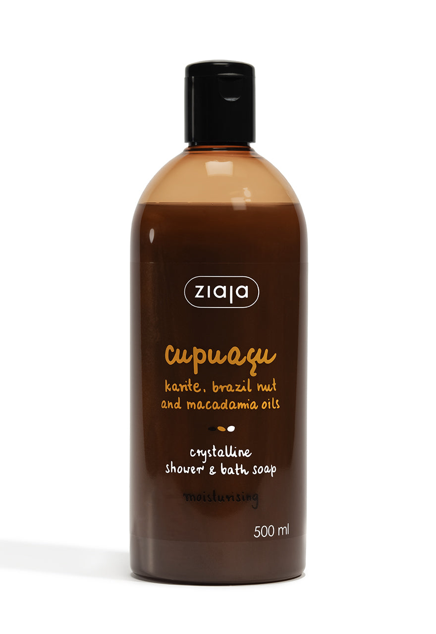 A bottle of Ziaja Cupuacu Shower and Bath Gel 500ML with a brown label and cap, set against a white background.