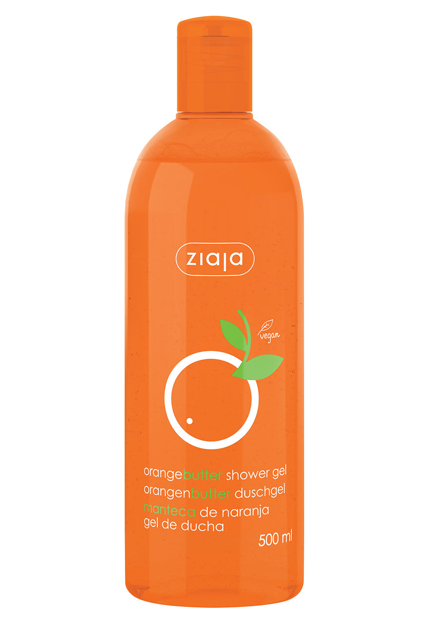 A plastic bottle of Ziaja Orange Butter Shower Gel with a label showing an orange and leaves, indicating the scent and possibly the color of the gel.
