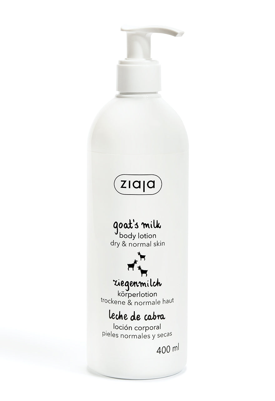 A pump bottle of Ziaja Goats Milk Body Lotion, 400ml, with white packaging displaying the product name and benefits in multiple languages.
