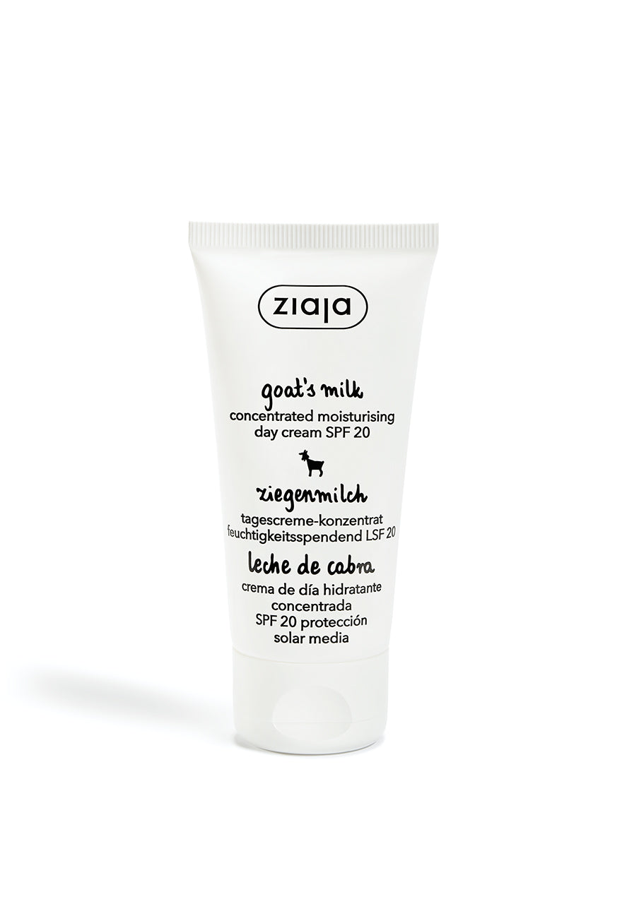 Tube of Ziaja Goats Milk Concentrated Moisturising Day Cream Spf20 with white packaging and black text.